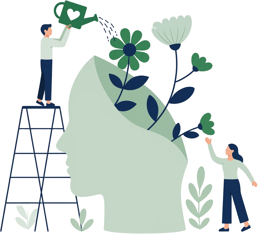 Illustration of people watering flowers growing from a person's mind, symbolising mental wellbeing and growth