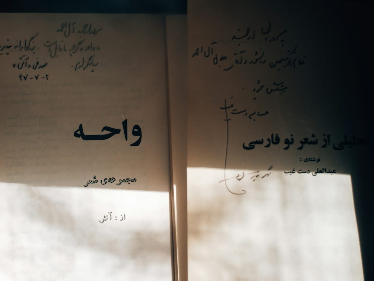Sunlight on the handwritten first pages of two Persian poetry books